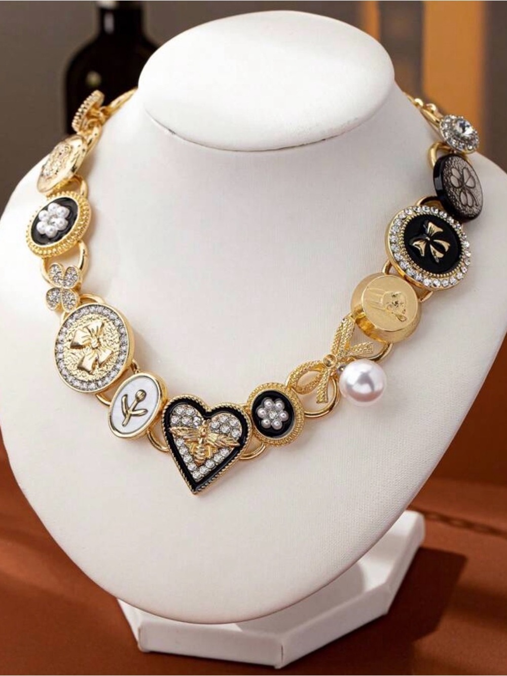 Gold-Tone Bee & Pearl Charm Statement Necklace - Picture 4 of 5